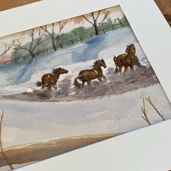 Original watercolour painting, horses in the snow, white mat included - Picture 2 of 3